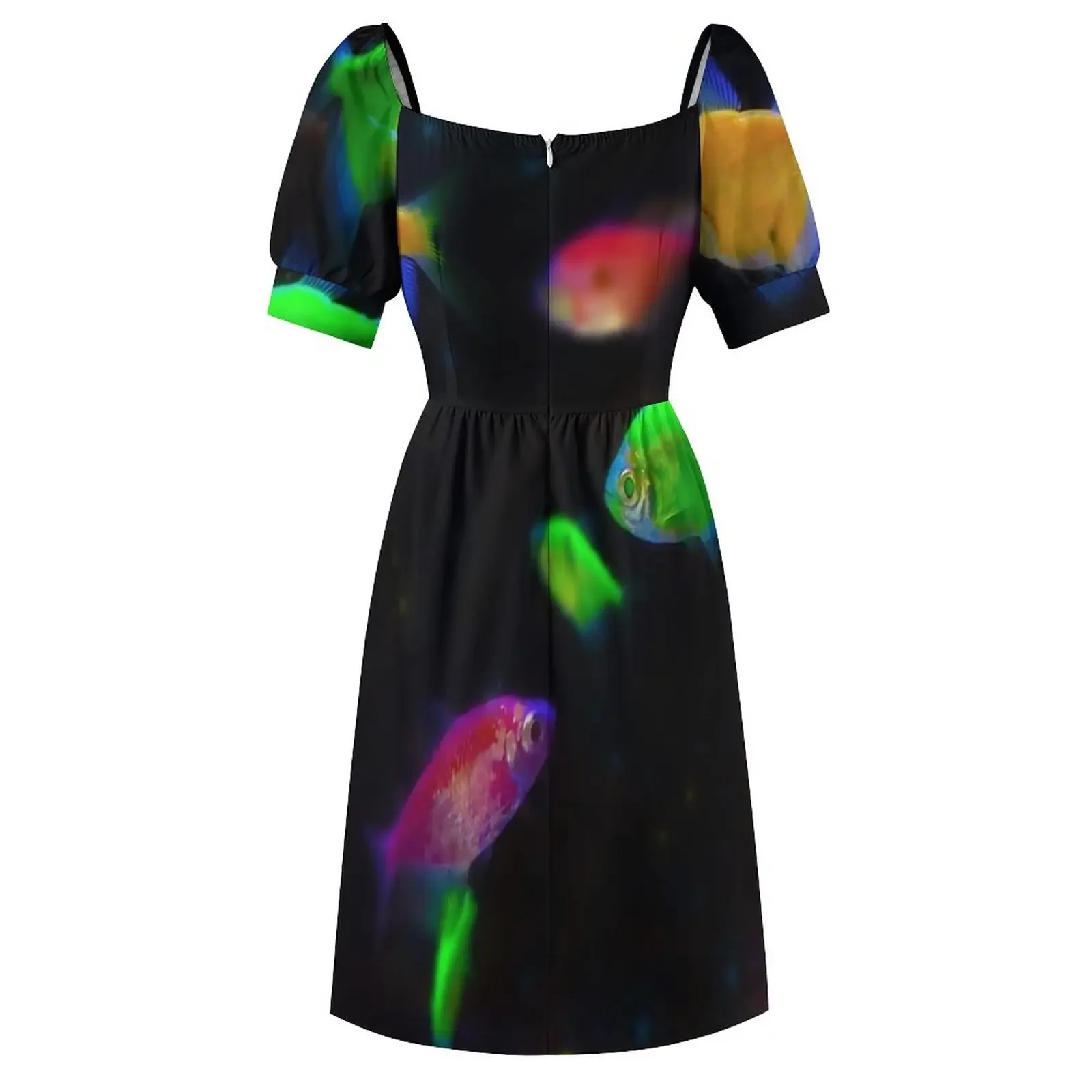 Neon Long-Fin Tetra Fish - Natação em Água Negra Escuro Vestido de Manga Curta vestido feminino vestido de baile de verão 2025