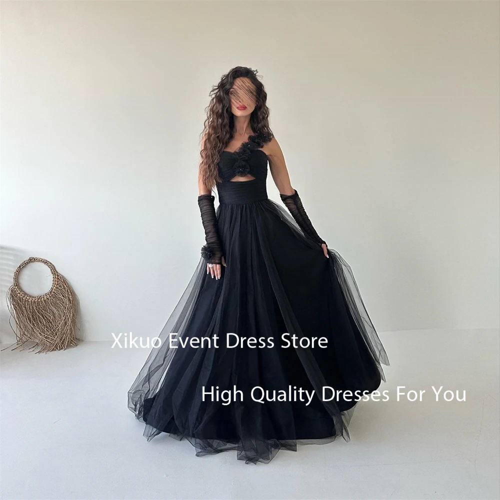Xikuo Elegant Black Tulle Evening Dress Saudi Arabia A Line One Shoulder Vestidos De Gala 3D Flower Pleated Prom Gown Customized