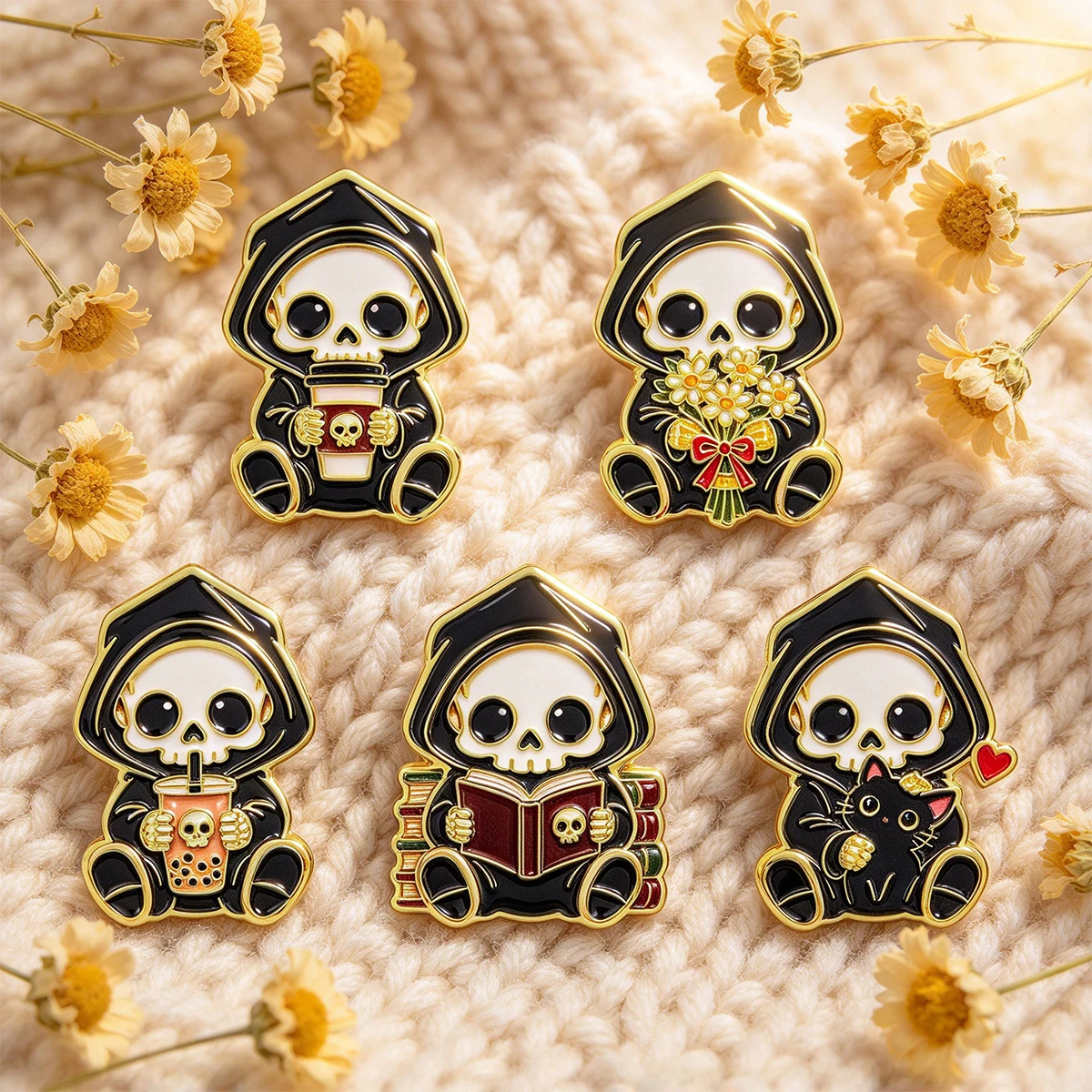 Cartoon Skeleton Grim Reaper Brooch Halloween Metal Enamel Pins Badge on Backpack Clothing Accessories Jewelry Gift for Friends