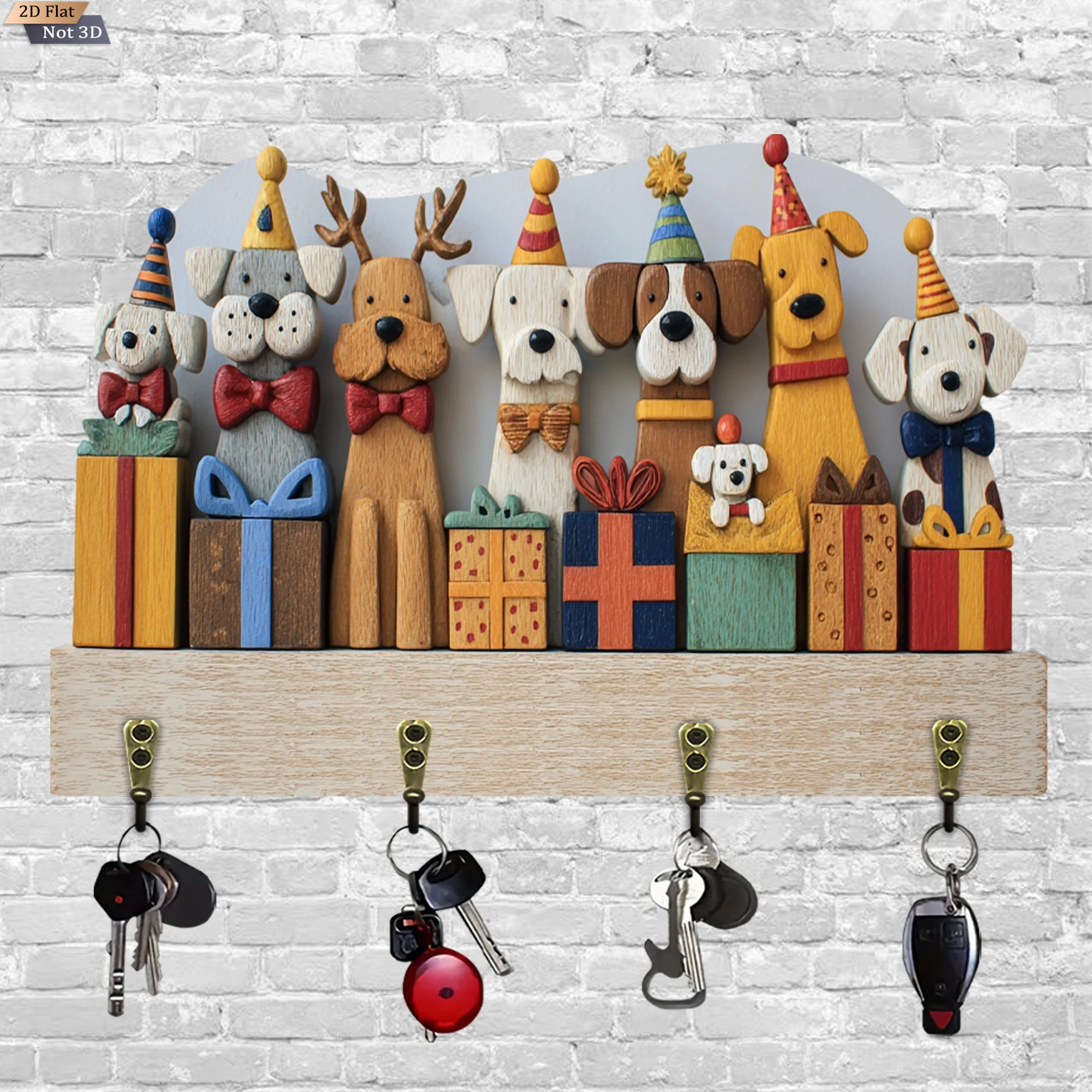 2D Cute Colours Dog Holiday Dog Wooden Multi-Functional Home Key Holder with Four Hooks, Wall  Porch  Room  Villa Decora Gifts