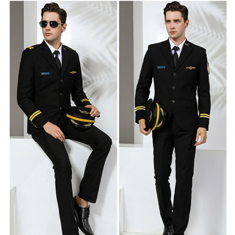 Pilot Uniform Aviation Jacket Pants Aviator Flight Attendant Men Spring Autumn Sets Security Overalls Work Clothes Pilot Costume