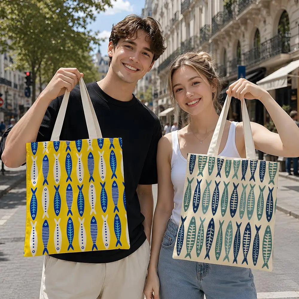 Pattern Retro R-Retro Salted Fish Print Storage Bags Reusable Canvas Tote Suitable for School Class Commuting Shopping as Gifts