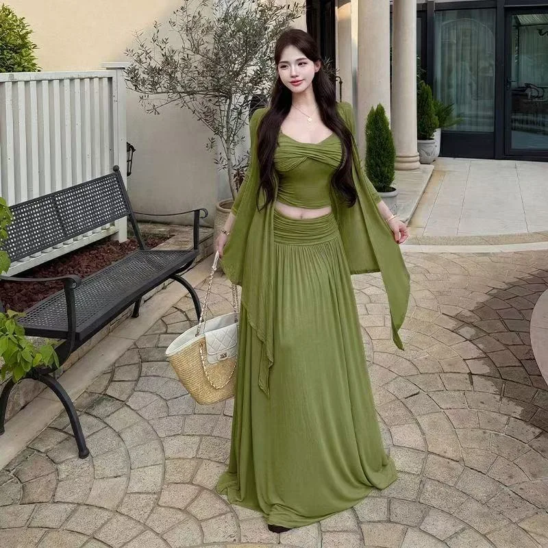 Elegant Lazy Style Knot Folded Strapless Sun Protection Cardigan Half Skirt Three-Piece Set Women's Fashion Casual Sportswear
