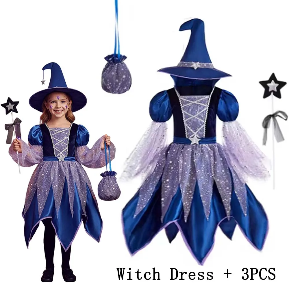 Children Girls Witch Cosplay Dress Bat Wizard Hat Outfit Halloween Carnival Party Scary Fancy Tutu Costume for Kids