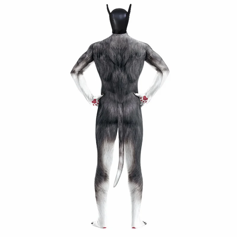 Adults Sex Game Erotic Costumes of Padded Latex Rubber Dog Mask with 3D Wolf Element Bodysuit for Slave Animal Role Play Party