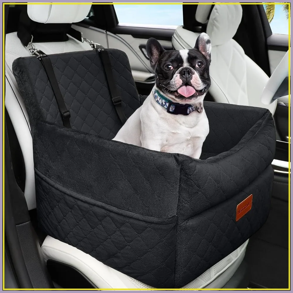 

Small Dog Car Seat, Memory Foam Booster Seat for Medium Dogs Under 35lbs, Washable Pet Bed with Storage Pockets and Safety Belts