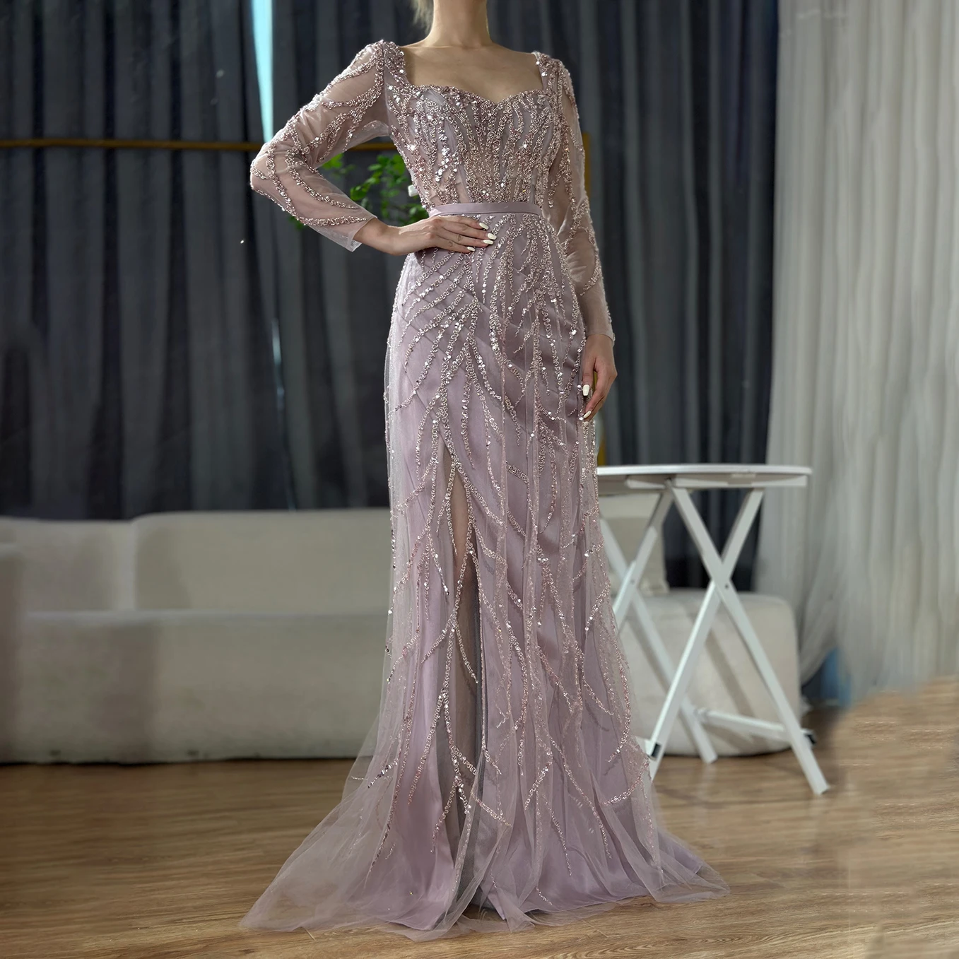 Serene Hill Pink High Slit Beaded Luxury Dubai Evening Dresses Formal Occasions Gowns Wedding Party Customized 2025 GLA71917