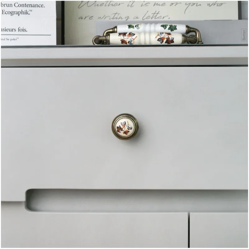 Red green leaf ancient brown pattern ceramic handle Pastoral style furniture handle cabinet door drawer furniture single hole