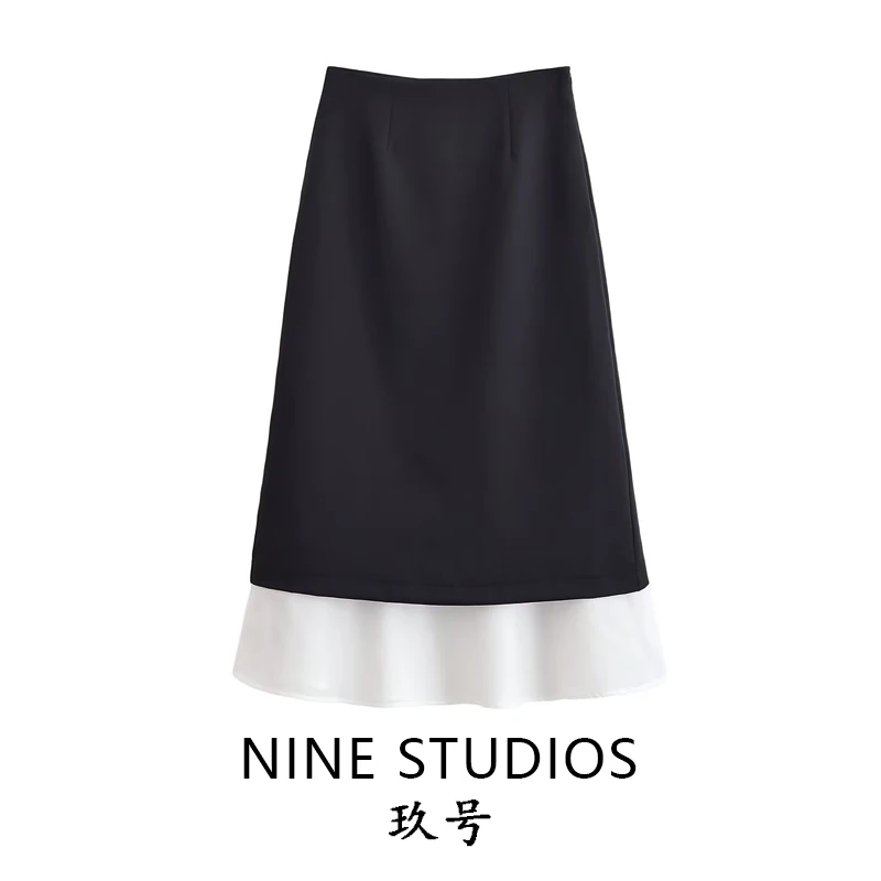 

High Waist Midi Skirt Bla White Splicing Casual Aosphere Women's Faion European Sle Tassel Detail Polyester Fabric