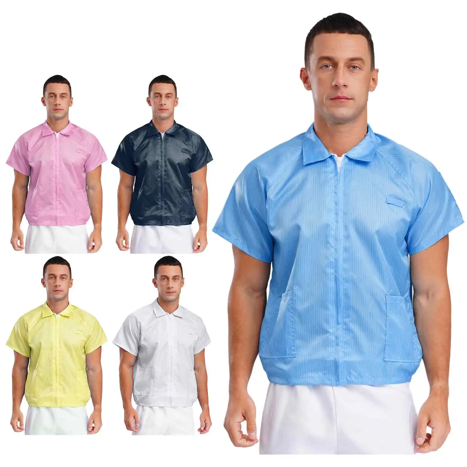 Men Dust-proof Factory Work Tops Clothes Labor Short Sleeves Pockets Front Zipper Jacket Striped Work Shirt Summer Work Uniforms