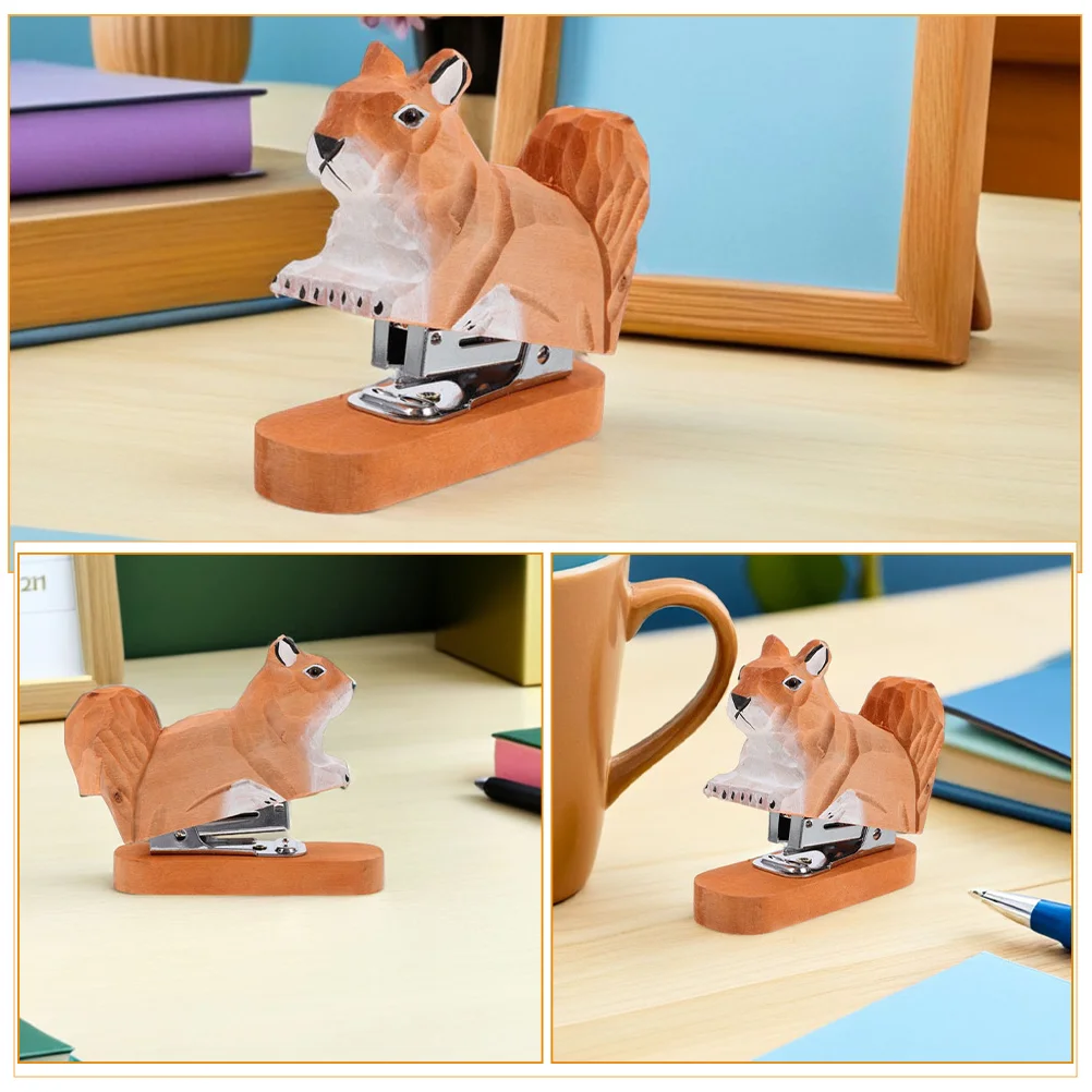 2Pcs Wooden Squirrel Shaped Mini Stapler Cute Office Desk Accessory Compact Portable Hand Held Stationery Tool for Craft