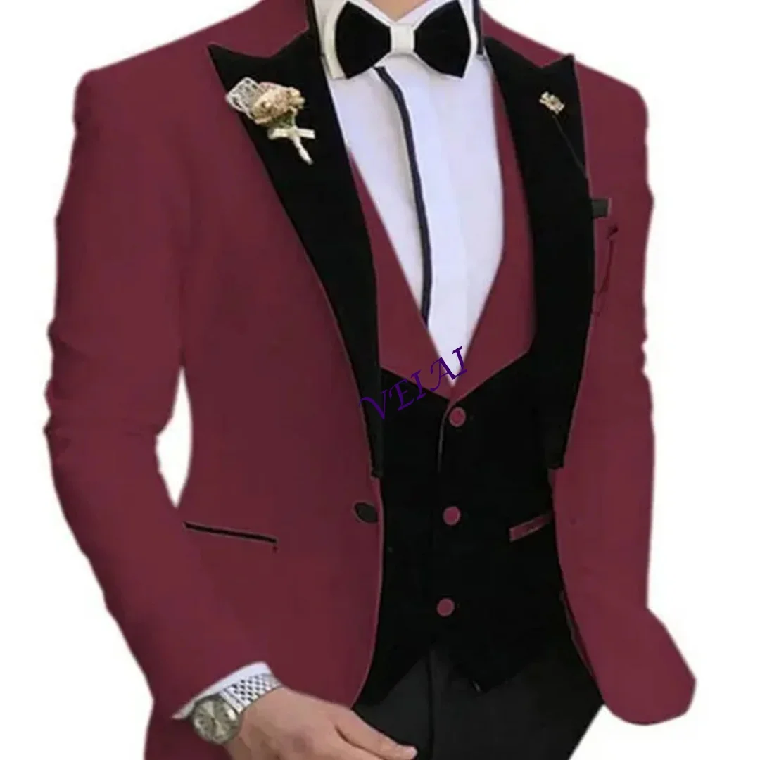 Customized 3 Piece Slim Fit Men's Casual Business Tuxedo Suit Set for Groomsmen Best Man plus Size Wedding Dance Smoking
