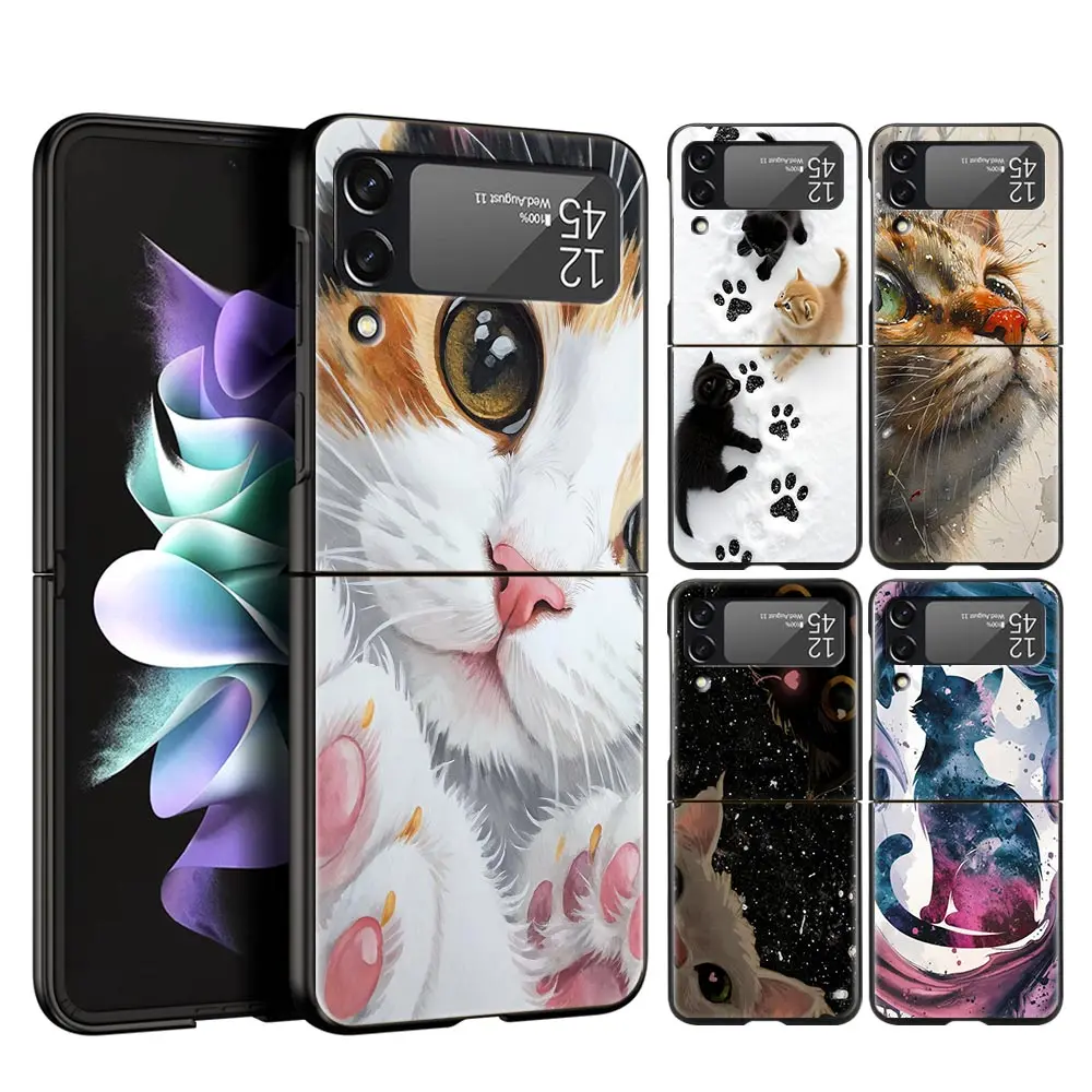 Cute Cat Hard PC Phone Case For Samsung Galaxy Z Flip 7 6 5 4 Black Cover For Galaxy Z Flip 3 Foldable Fundas Shell Capas Bags