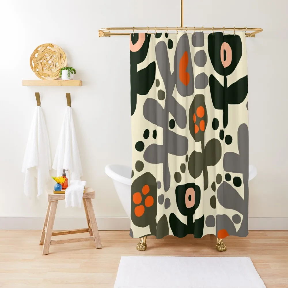 

Cute Danish Floral Garden in Green, Gray and Orange #1 Shower Curtain For Bathrooms Washable Waterproof Fabric Shower Curtain