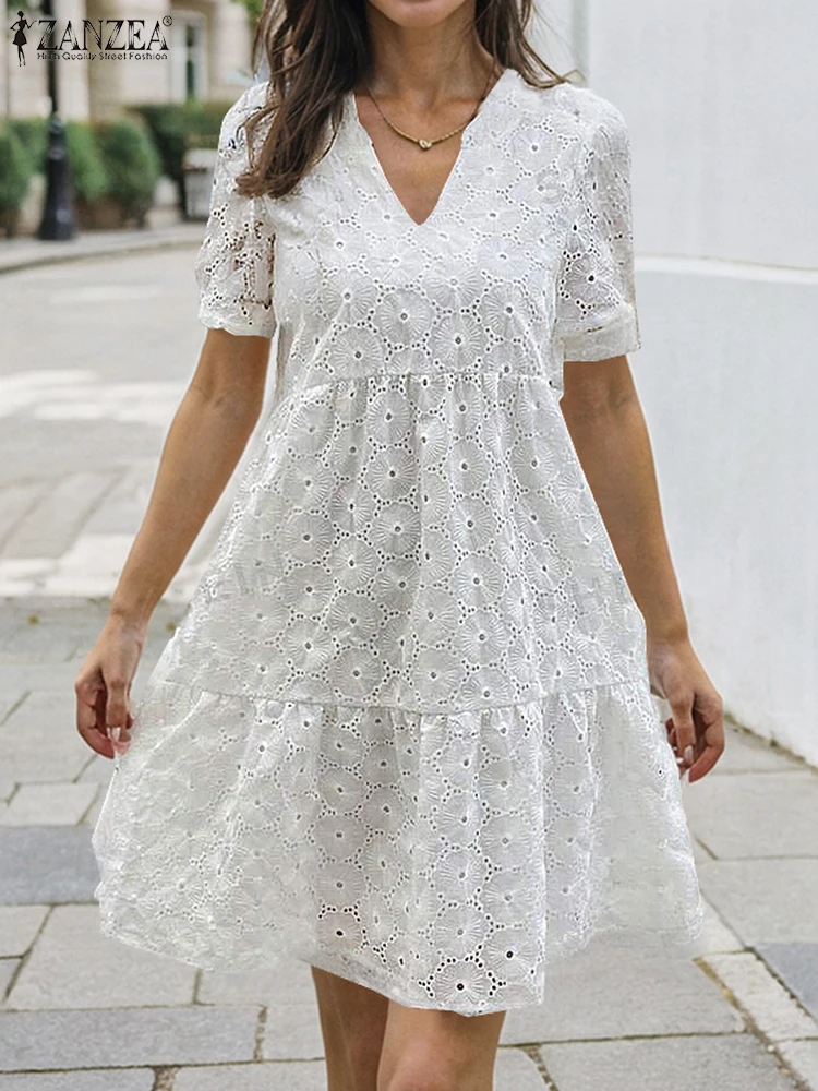 Elegant Lace Dress ZANZEA Women 2024 Summer V Neck Short Sleeve Dress Floral Embroidered Sundress Stylish Holiday Party Vestidos