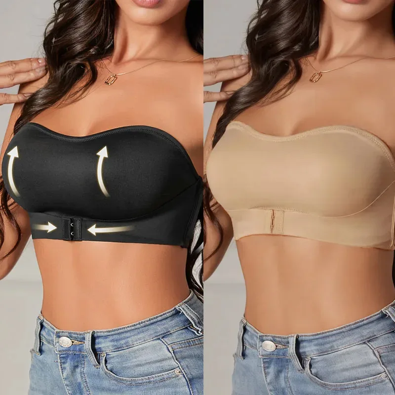 Women Strapless Front Buttons Bra Sexy Seamless Anti Slip Comfortable One Piece Bralette Padded Vest Top Push Up BraUnderwear