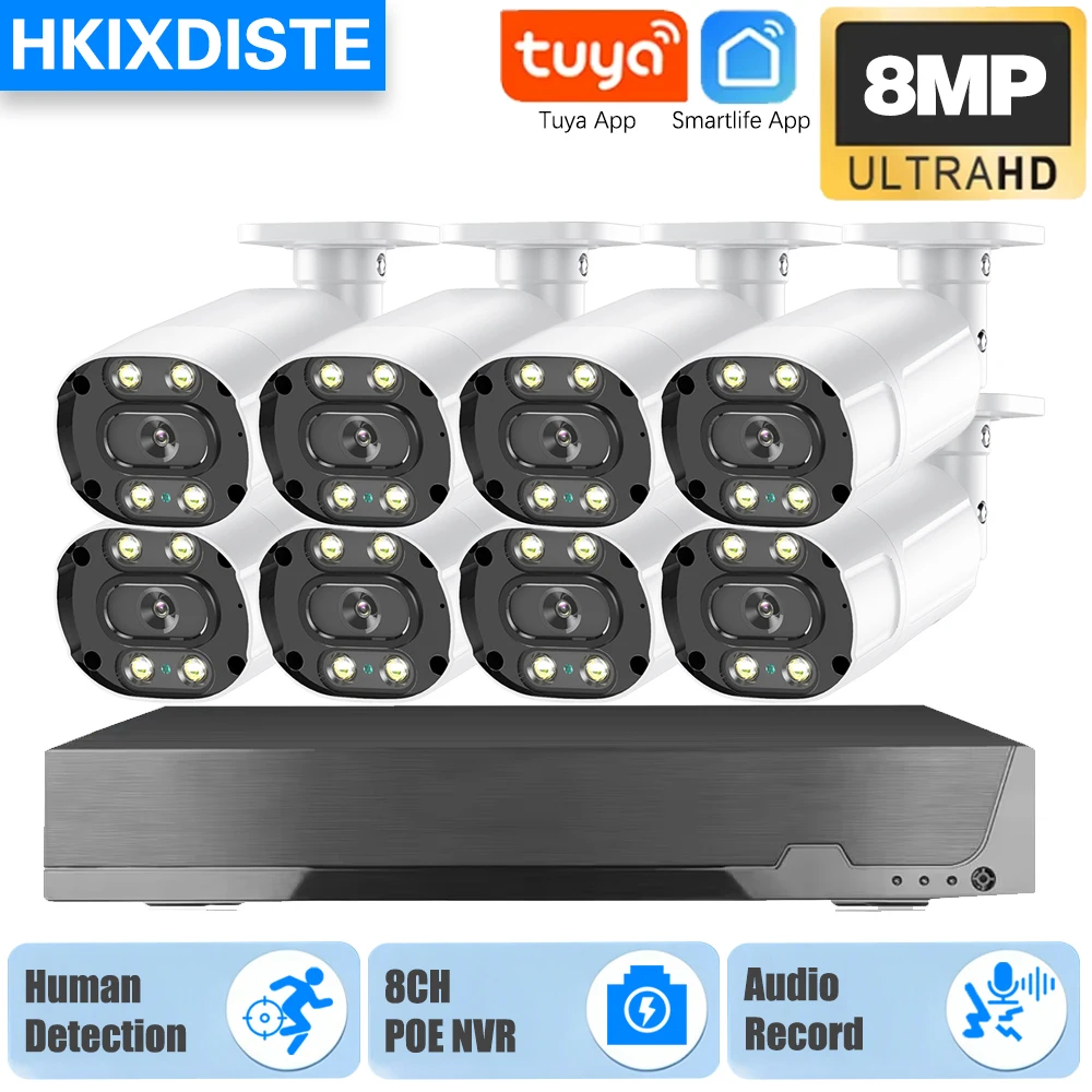 

4K 8CH POE NVR Tuya Smartlife Система видеонаблюдения Открытый Обнаружение человека 8MP CCTV IP Bullet Camera Система видеонаблюдения
