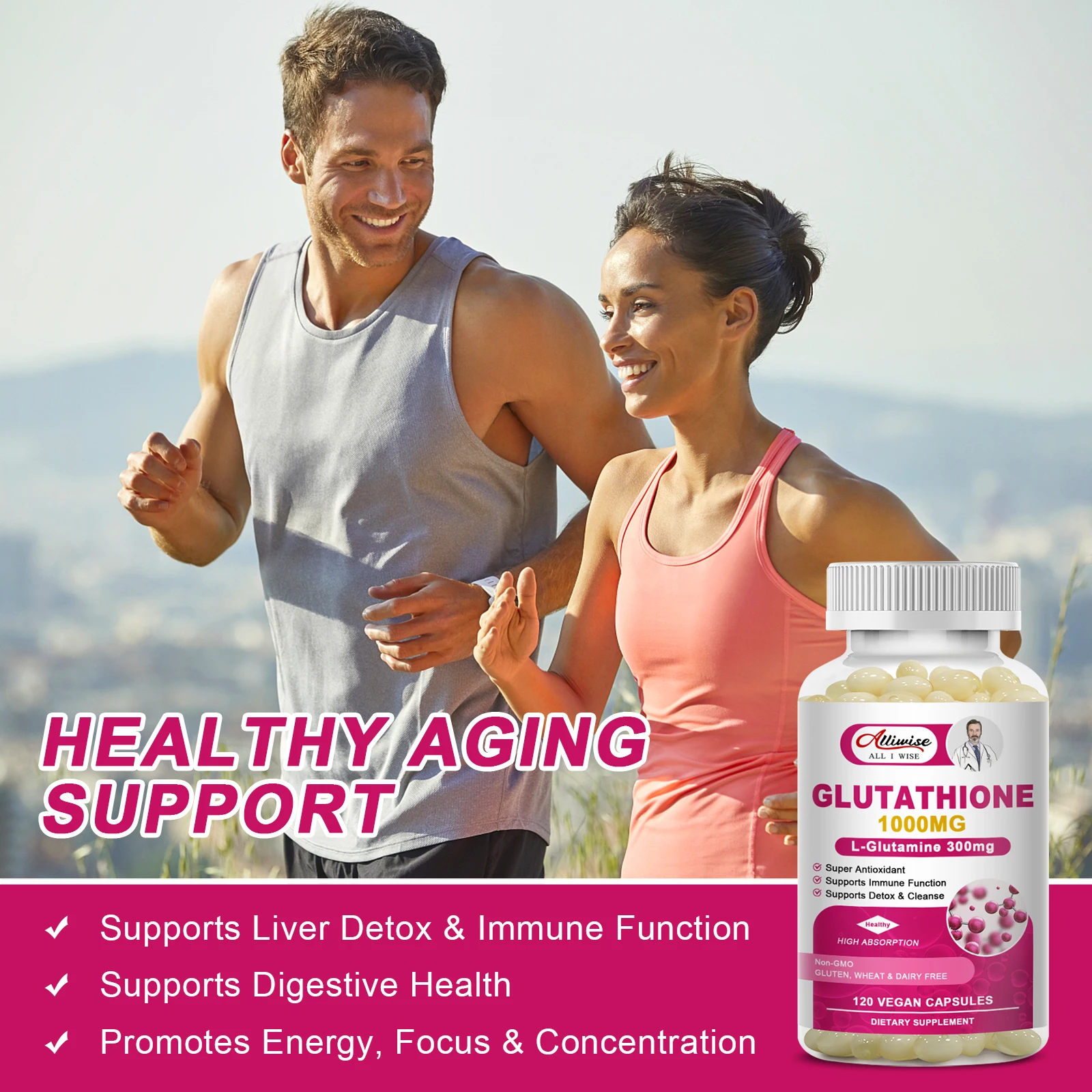 Alliwise Quality Glutathione Supplements - Supports Recycling of Vitamins C & E  Non-GMO - Gluten Free Vegan