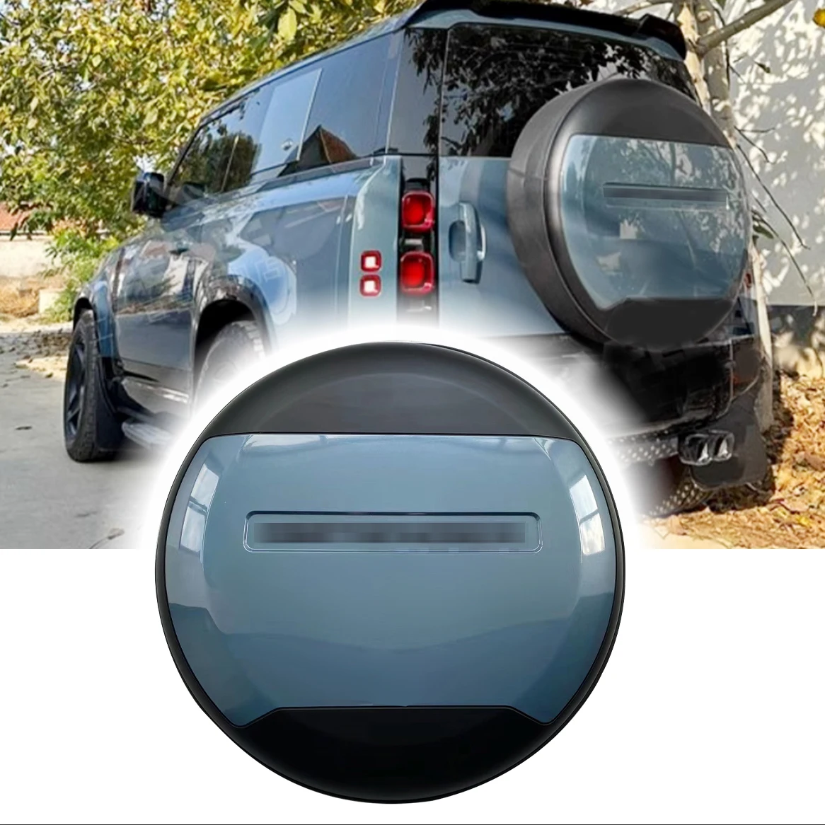 Spare Tire Cover fits for LR Defender 110 90 130 2020-2024 2025 ABS Tyre Cover Protector（Tasman Blue + Matte Black，Black Letter）