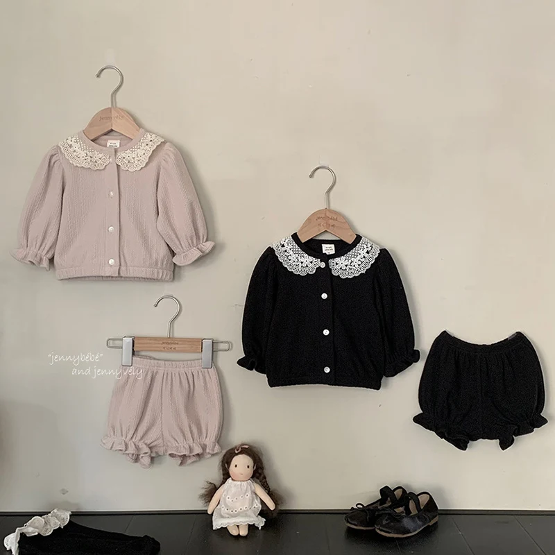 2024 New Autumn Korean Style Children Clothes Suit Long Sleeves Lace Splicing Cardigan+Shorts Newborn Baby Girls Clothing Set