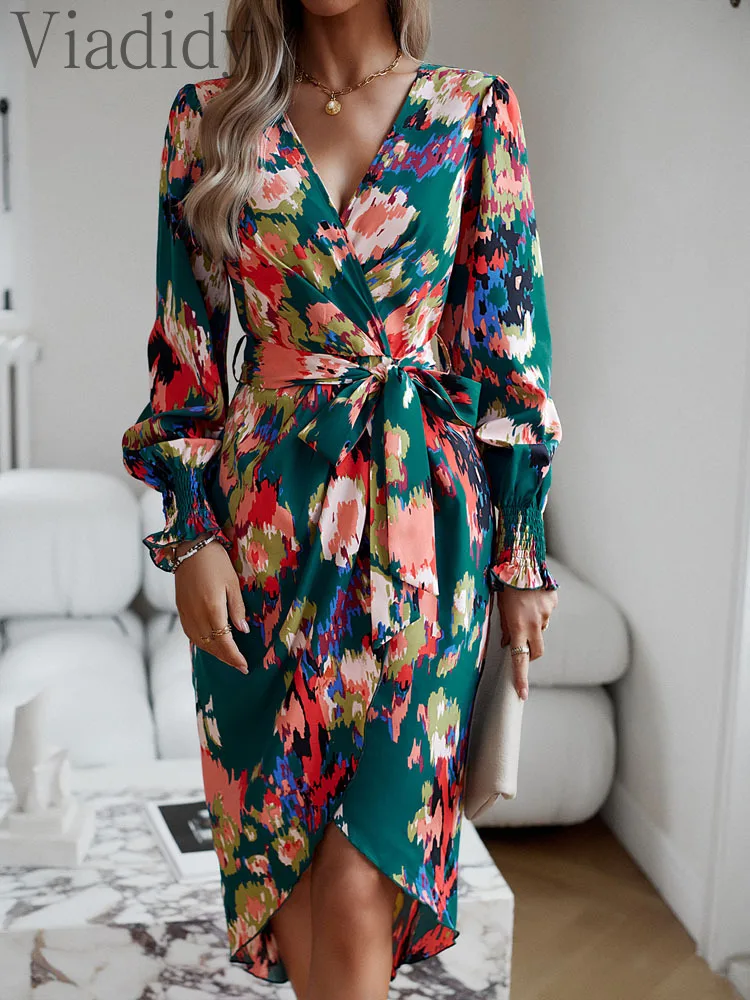 Women Sexy Print V-Neck Tied Waist Long Sleeve Skinny Wrap Dress