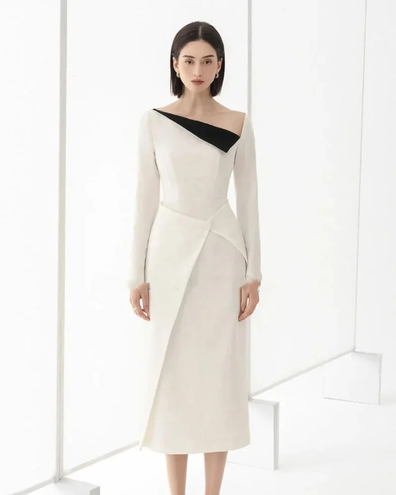 

Customized Luxurious Elegant Evening Gown Dresses Satin Sheath Tea Length Boat Neck Pleats Simple Happy Gift Party Prom Formal