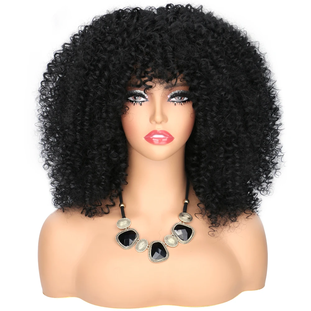 Afro Curly Wig with Bangs Natural Black Hair Synthetic Heat Resistant Full Wigs  Soft Hair Curly Wigs for Black Women