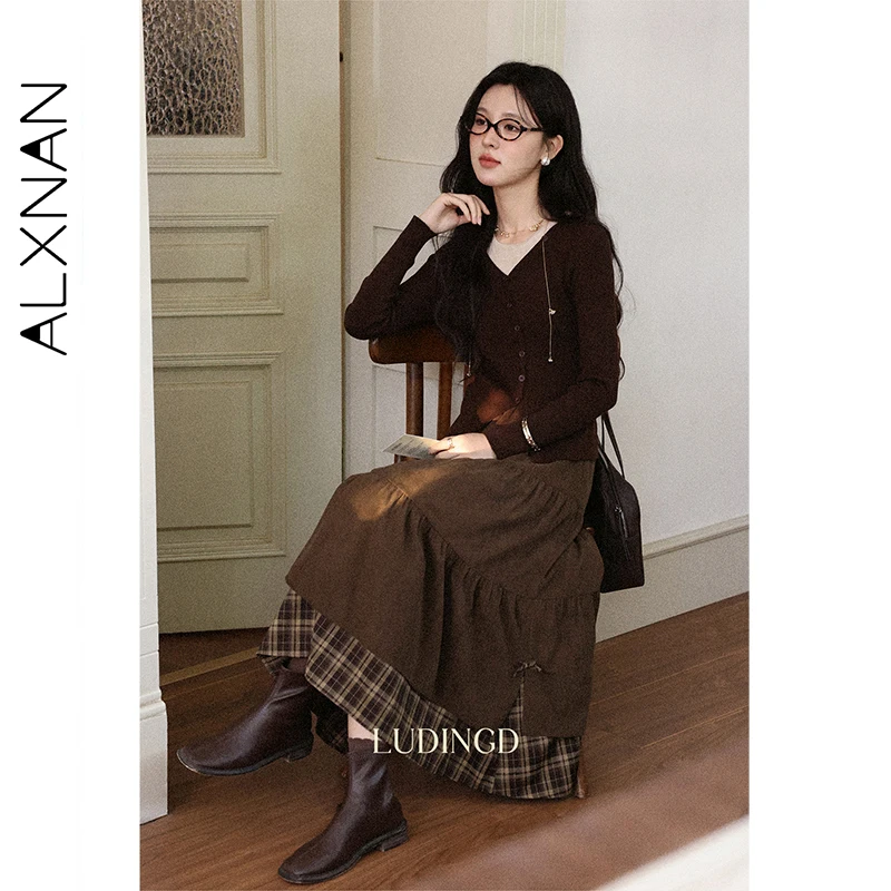 ALXNAN براون منقوشة المرقعة تنورة الخريف طويلة ألف خط المرأة كعكة التنانير موضة خمر مرونة الخصر القوس شق الملابس L57227