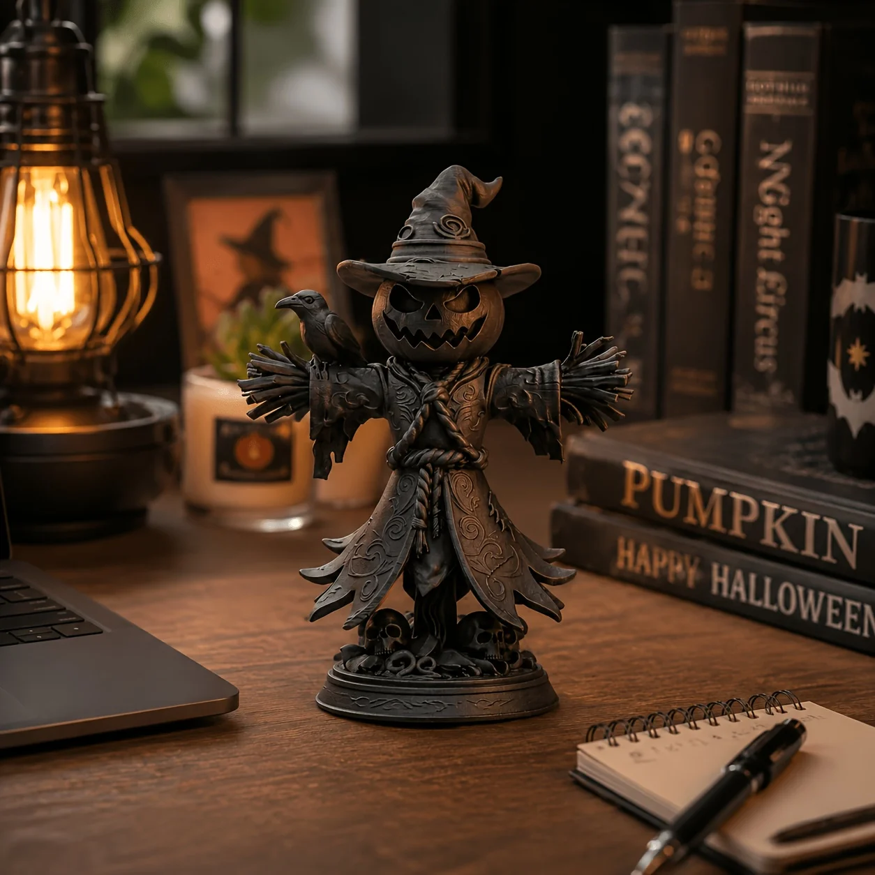 3D Printed Black Pumpkin Scarecrow Statue Spooky Gothic Halloween Desktop Figurine Ornament for Home and Office Decoration