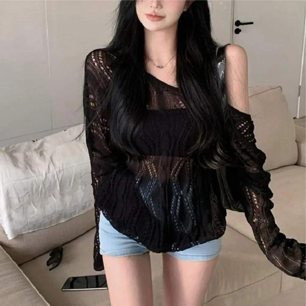 

2025 Mesh Vintage Harajuku Long Sleeve Women Sweater Korean Spring Summer Knitwear Soft Thin Tops Chic Solid Femme Sweater