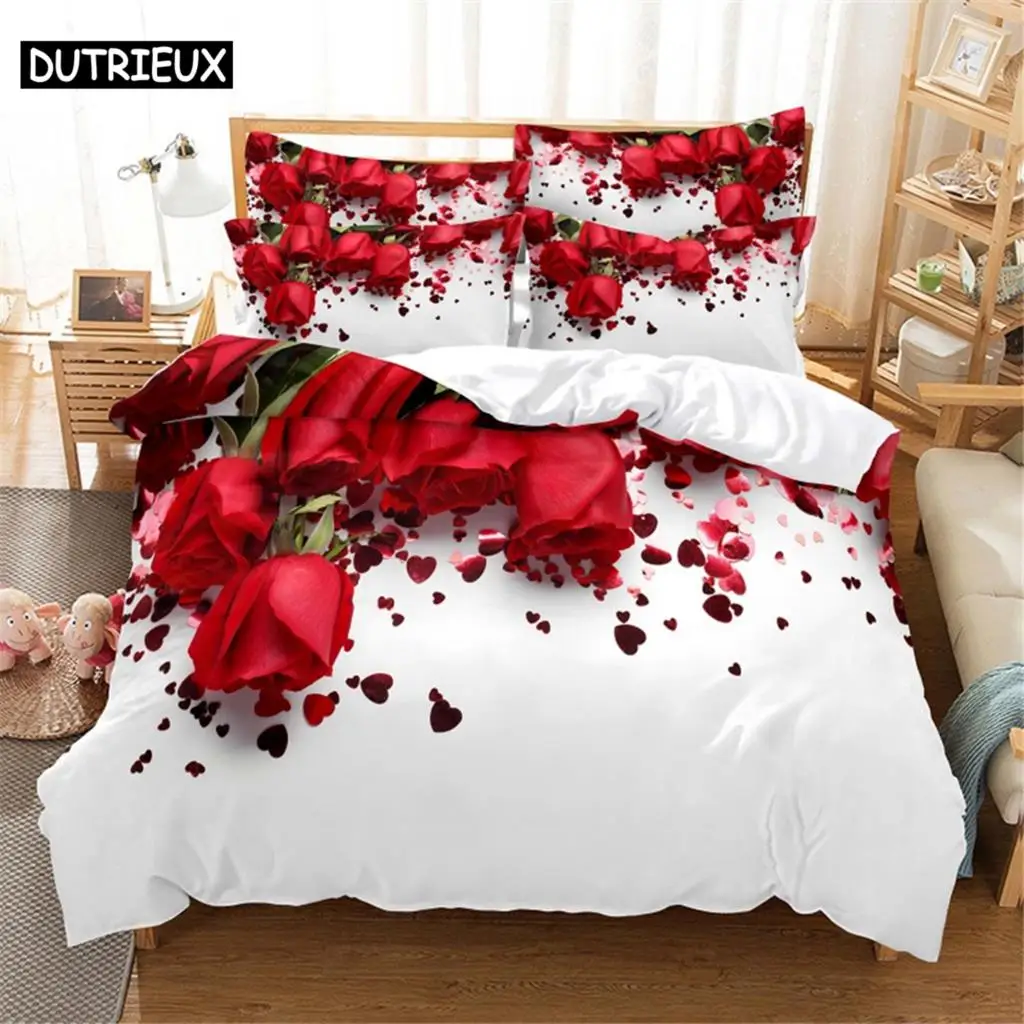 

3D Digital Printed Queen Size Red Rose Bedding Set - Luxurious Duvet Cover for Stylish Bedroom
