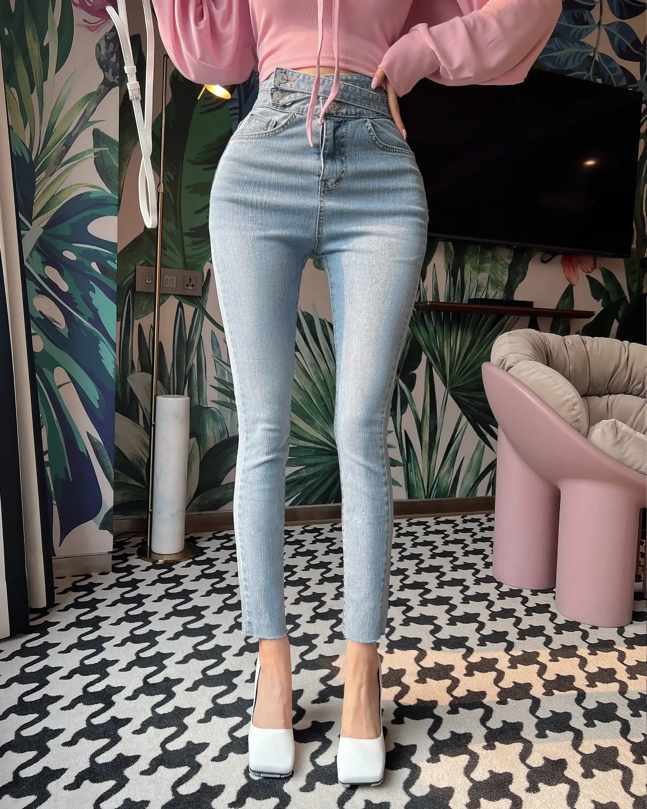 Imagem -03 - Streetwear Jeans para Mulher Luz Azul Rendas-up Calças de Lápis de Cintura Alta Mãe Elástico Denim Coreano Sexy Pantalones Senhoras Bottoms