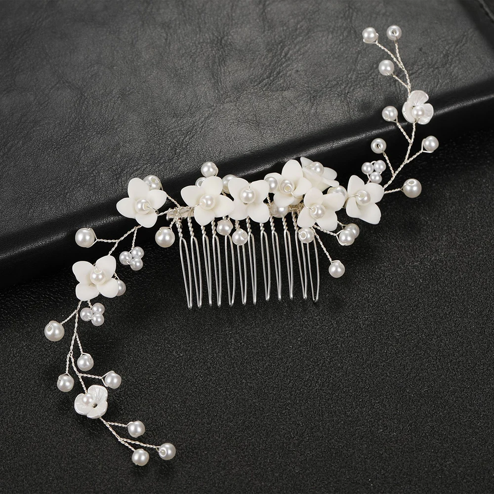 Bride Wedding Headbands White Flower Designs Simulated Pearl Hairbands Floral Crown Hair Jewelry for Women Girls Birthday Party