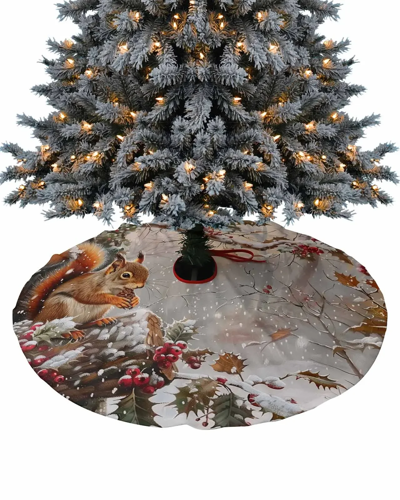 Christmas Winter Squirrels Skirt Xmas Decorations for Home Supplies Round Christmas Tree  Skirts Base Cover