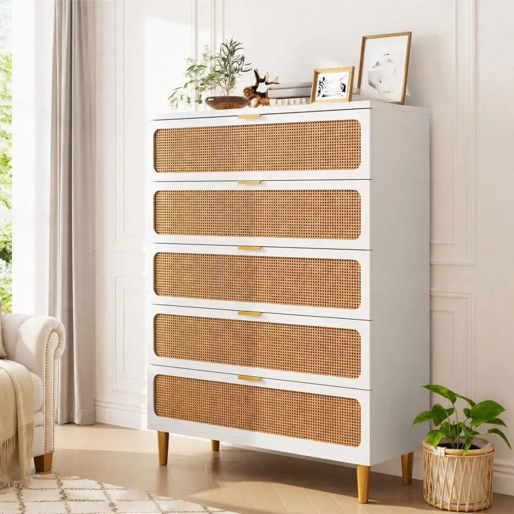 Spacious Storage Rattan 5 Drawer Dresser - Tall Modern Wooden Chest, Deep & Wide Drawers for Bedroom, Living Room, Hallway, Nursery Organizer