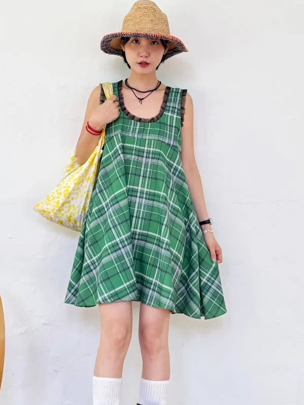 

Retro Patchwork Lace U-Ne Plaid Vest Dr Women Summer Loose A-Line ort Skirt Commute Sle Regular Fit Medium Softn