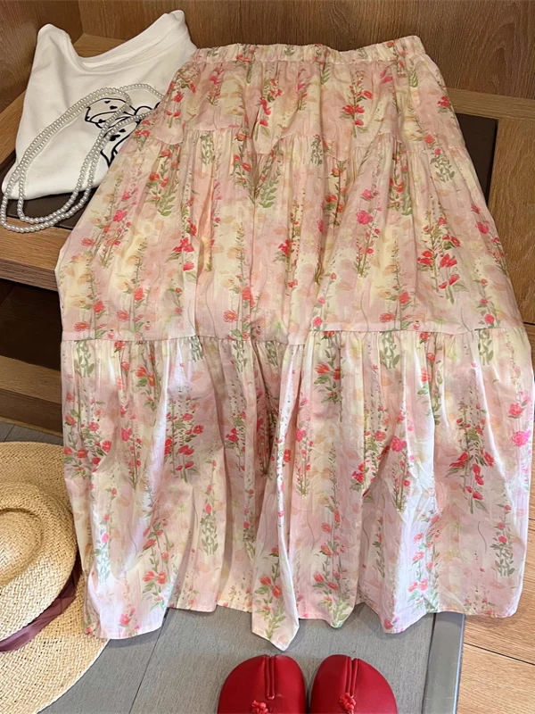 

Pastel Pink Tee-Section Elastic Waist Midi Skirt Floral Print Commute Sle High Waist A-Line Skirt Gentlewomanly Small Sta...