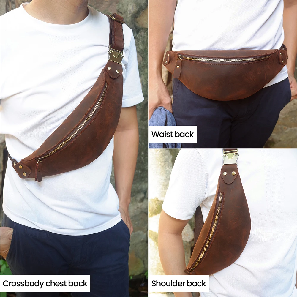 Hot men's crazy horse waist bag multifunctional leather sloping chest bag men's outdoor sports mobile phone waist bag