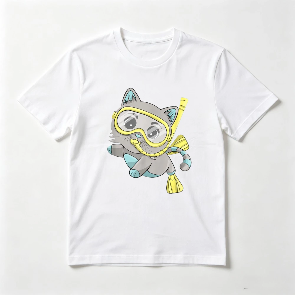 Funny Scuba Diving Cat Cartoon Diver T-Shirt Casual Fashion Loose Harajuku Man Women Tshirt Short Sleeve O-neck Breathe Tees