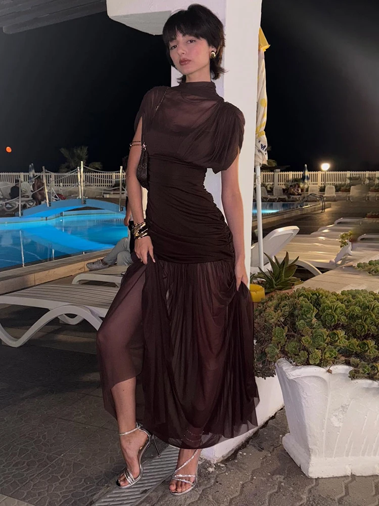 Blifanbo elegante malha bodycon vestido longo feminino dupla camada ver através ruched retalhos clube festa noite vestido longo outono