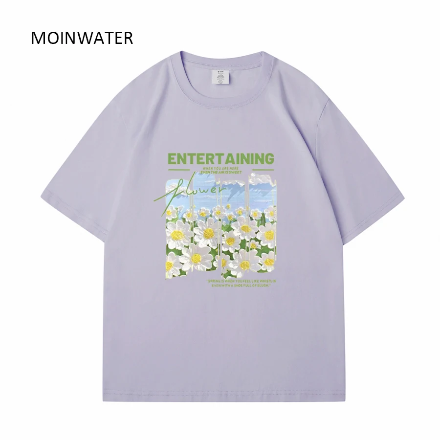 MOINWATER Women New Beige Summer T shirts Female Flower Oil Painting Printed Tees Lady Cotton Casual Short Sleeve Tops MT2330