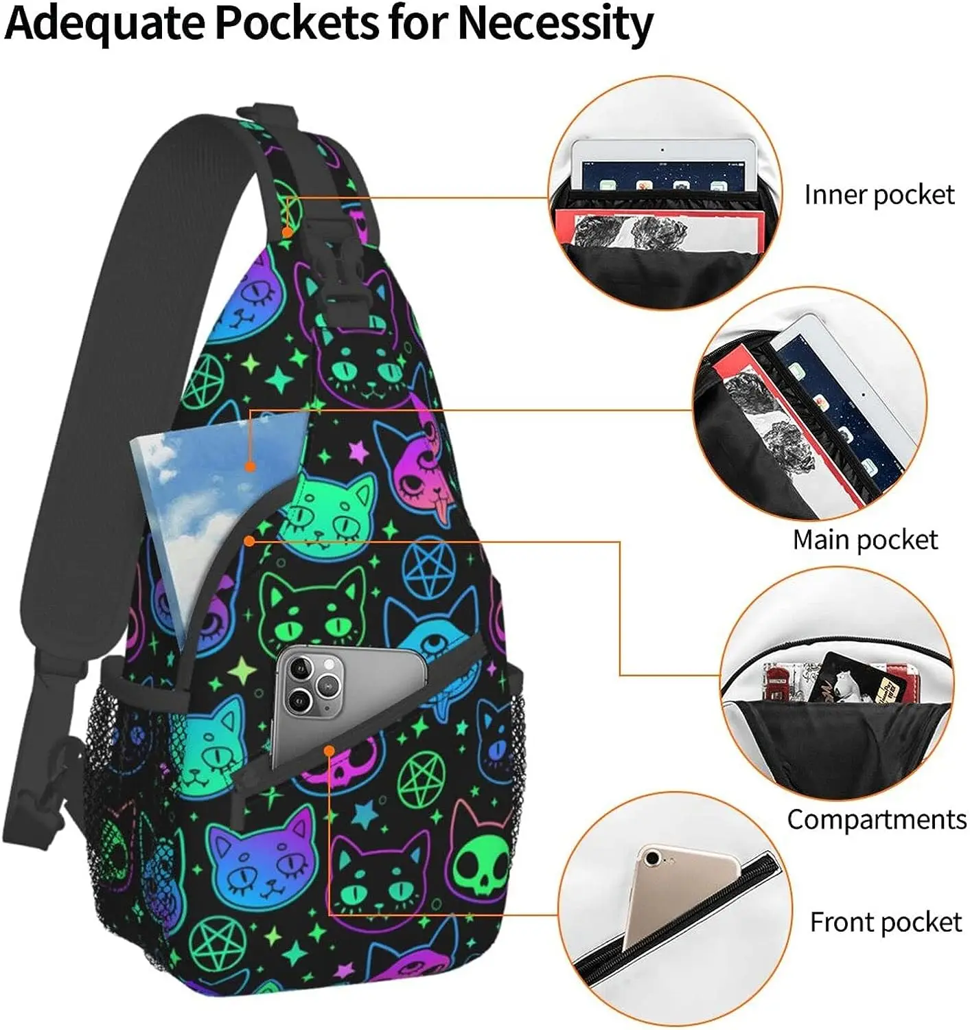 Cartoon Witchcraft Cat Skull Neon Colorful Sling Backpack Crossbody Sling Bag Travel Chest Daypack Hiking Shoulder Bag for Adult