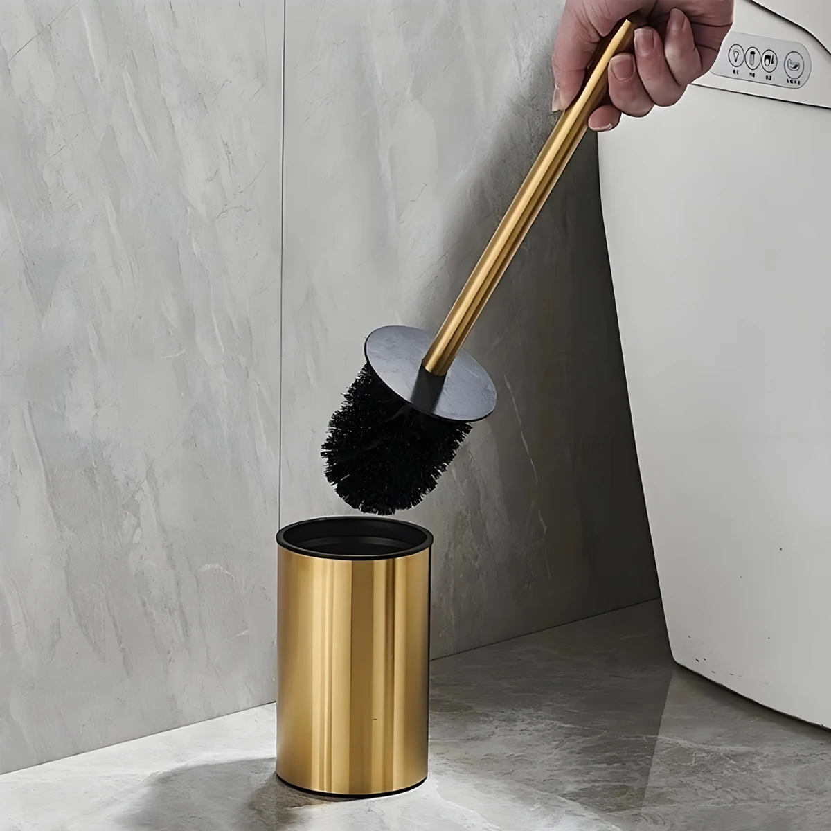 Golden round stainless steel toilet brush, with a 304 stainless steel long handle and heavy-duty base for bathroom deep cleaning