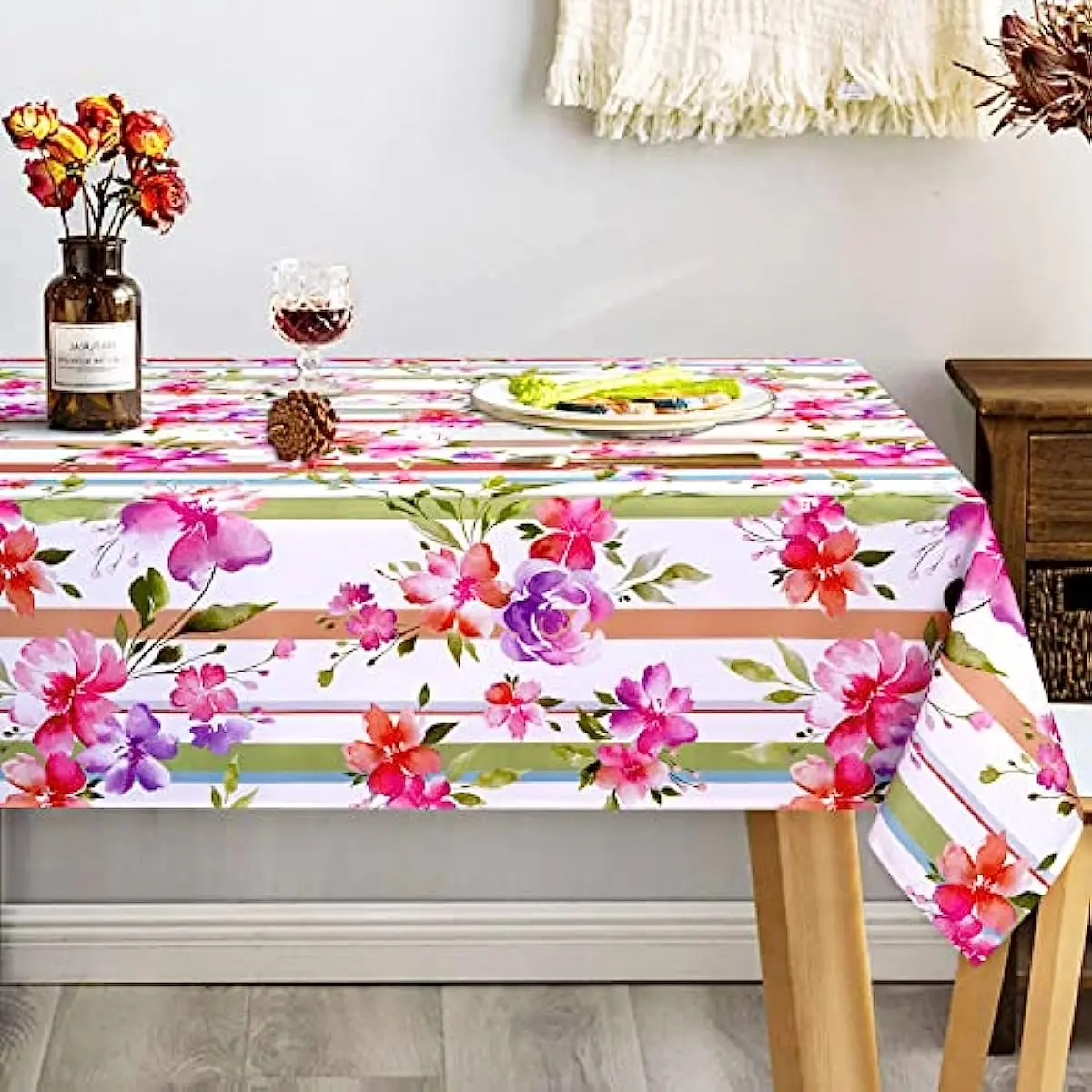 

Spring Floral Striped Rectangular Tablecloth Holiday Party Decorations Waterproof Polyester Tablecloths for Wedding Table Decor