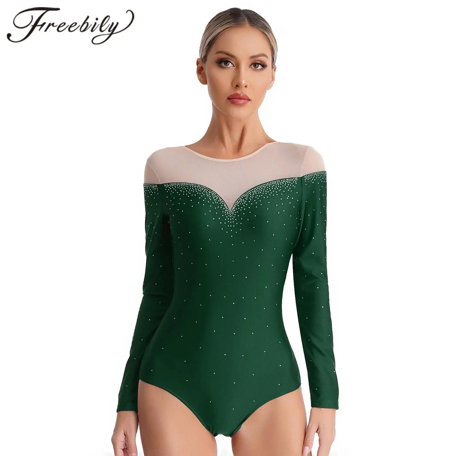 Womens Rhinestone Long Sleeve Rhythmic Gymnastics Leotard Figure Skating Jumpsuit for Woman Dance Costume Acrobatics Bodysuit