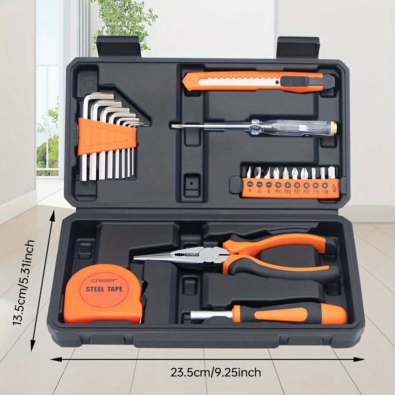 

23 piece household tool set, carbon steel hand tool set with plastic storage box, hand repair tools for home, car, office