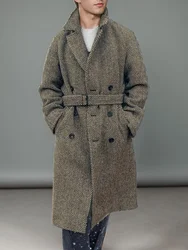 Outdoor Fashion Mens Trench Windbreaker Fall Winter Thick Warm Long Coat Jacket Men Vintage Belt Double Breasted Plaid Jackets