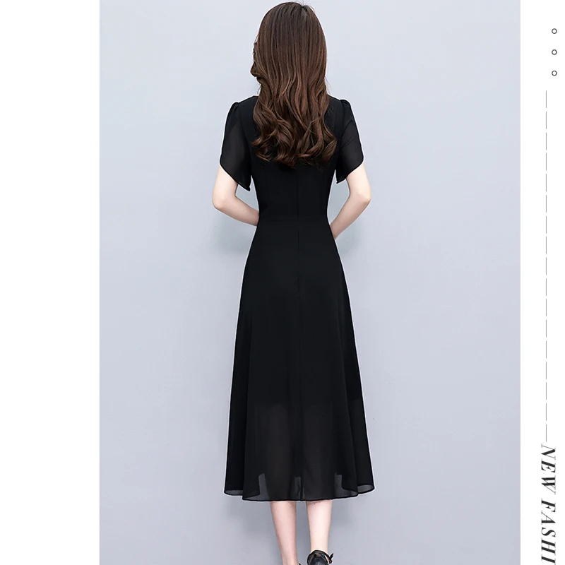 Women Chiffon Long Dresses Summer Female O Neck Bat Short Sleeve Large Size ​Elegant A Line Slim Black Bandage Casual Vestidos