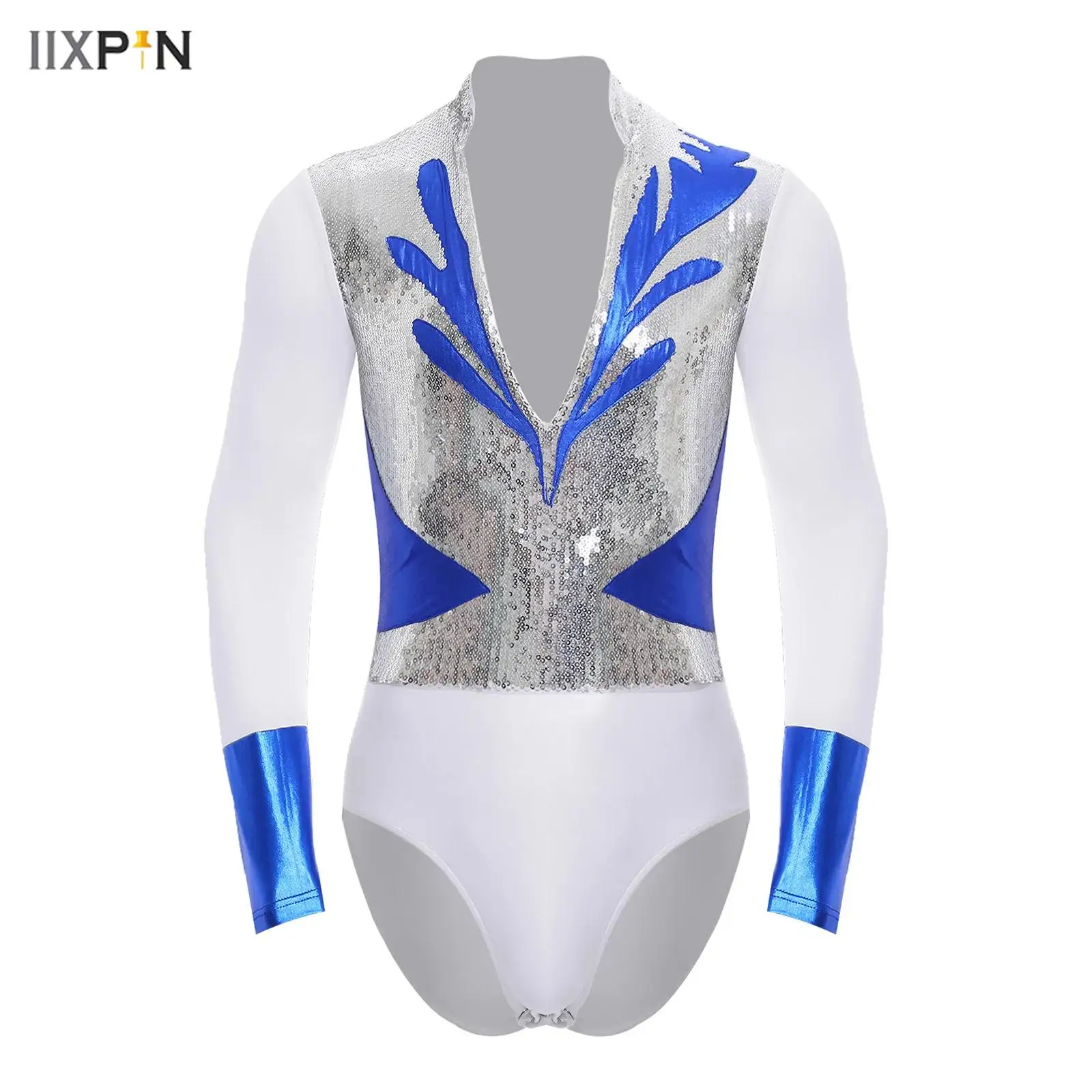 

Mens Figure Skating Bodysuit Glittery Sequin Metallic Patchwork V Neck Long Sleeve Leotard Dancewear for Ballet Latin Dance