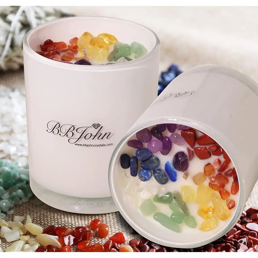 Chakra Crystal Candle - Manifestation Intention - Healing Crystals Gemstones - Seven Chakras Stones - Meditation - Spiritual